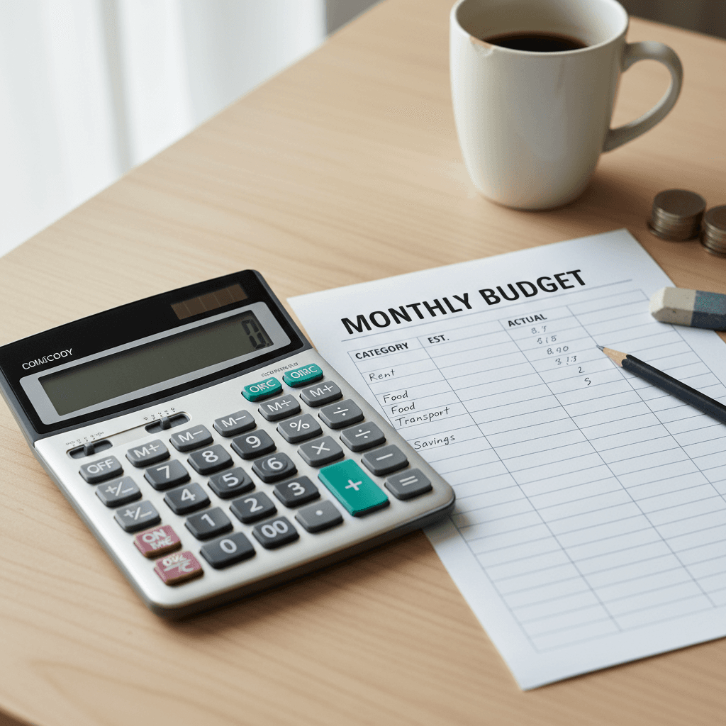 Calculator and a simple budget sheet on a wooden table