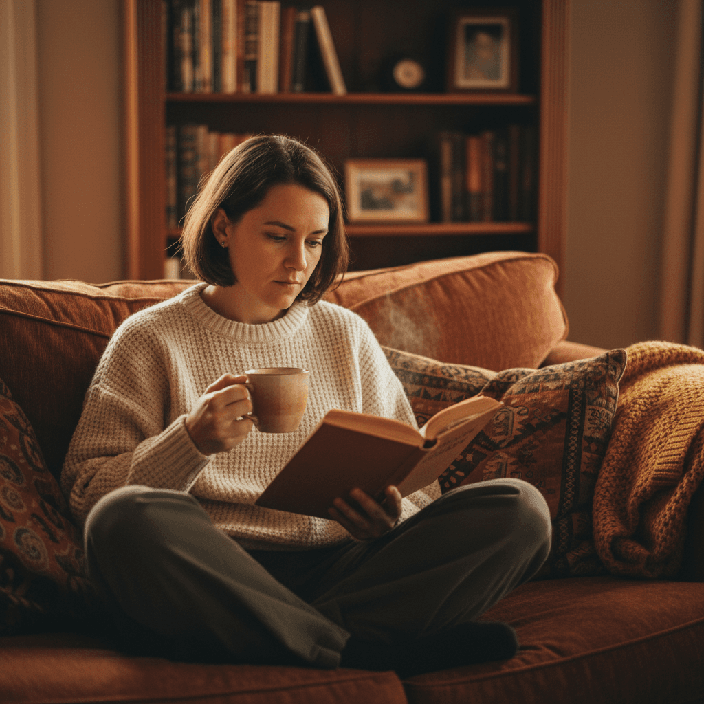 Person on a couch reading while holding a cup of coffee