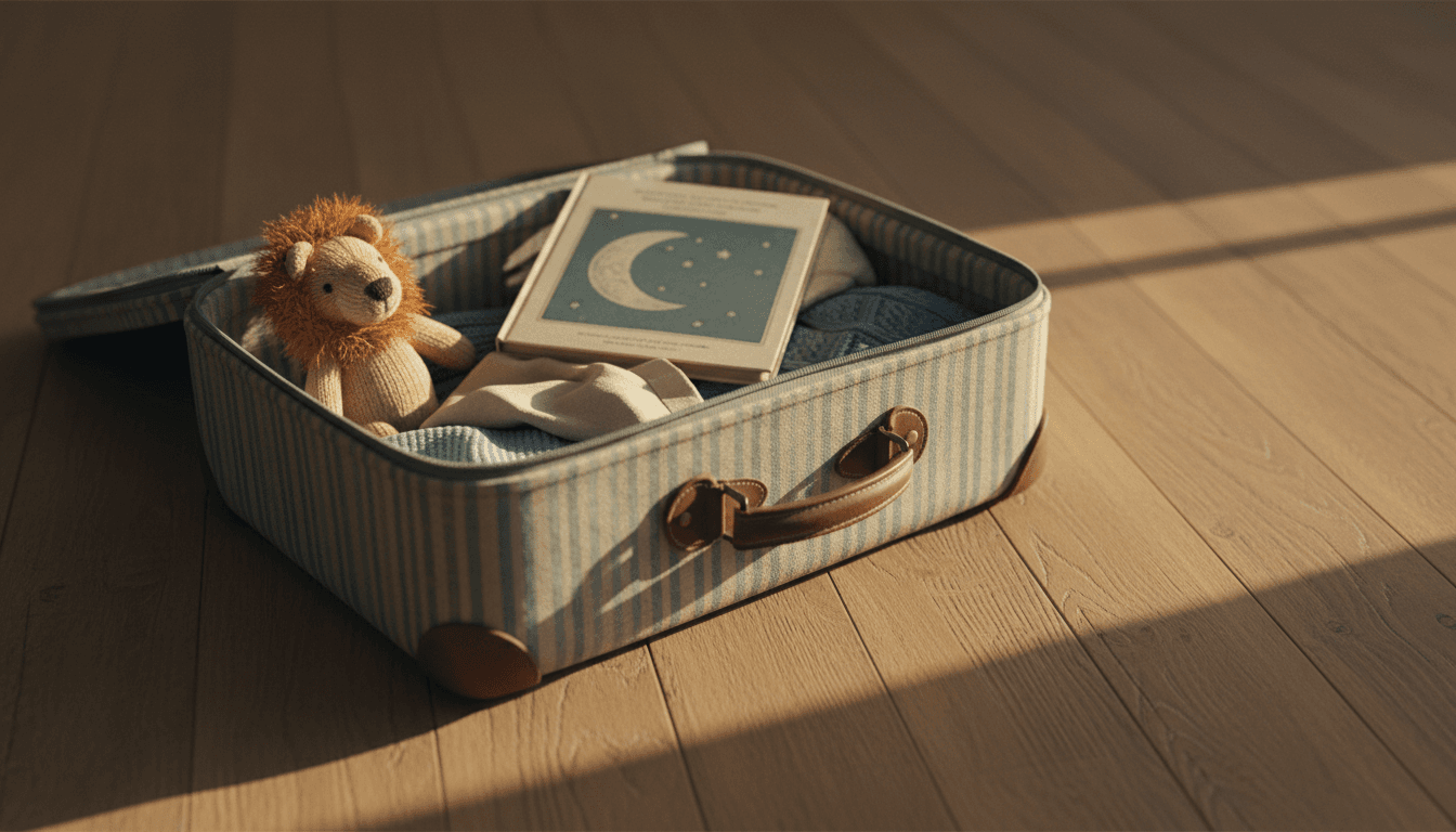 A child's open suitcase on a sunny wooden floor with a toy showing