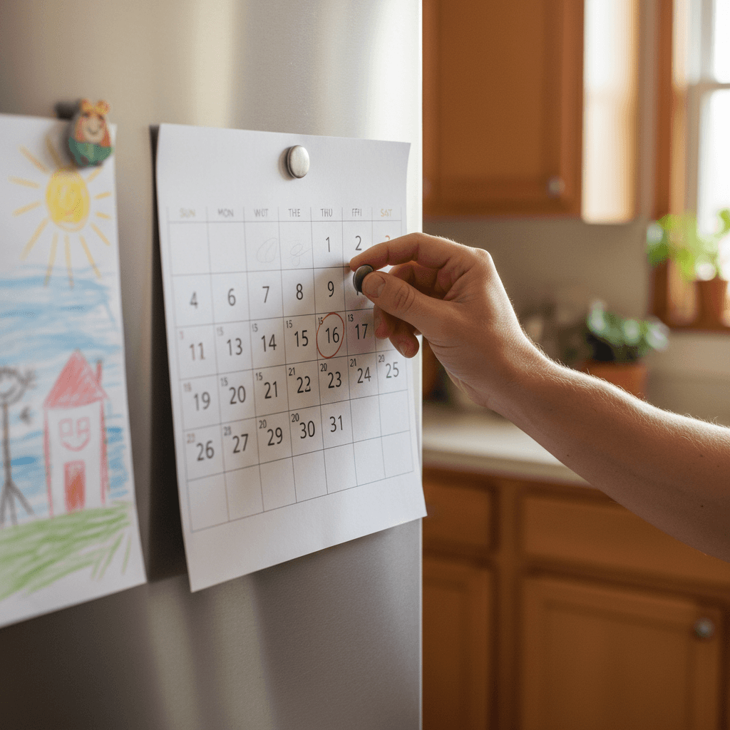 Parents' hand placing a calendar on a refrigerator door