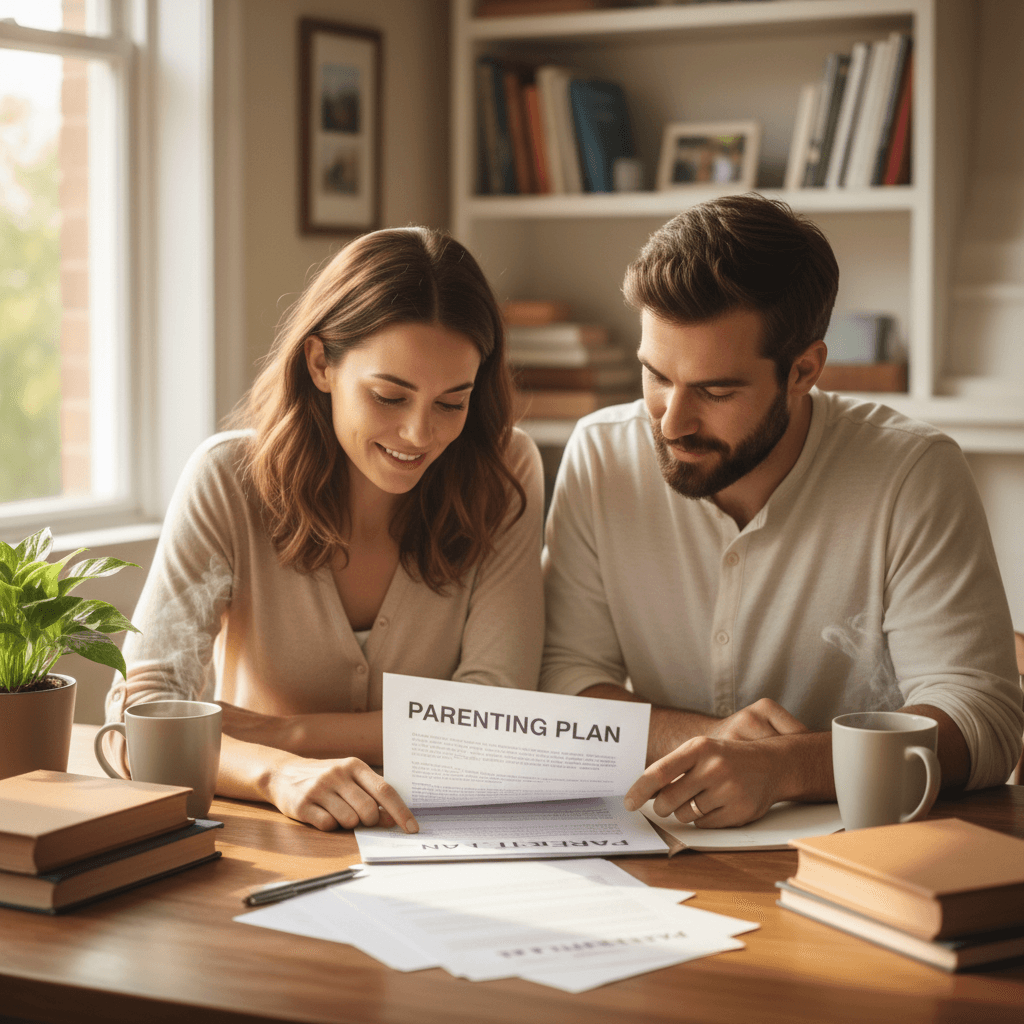 Two parents reviewing a parenting plan document together