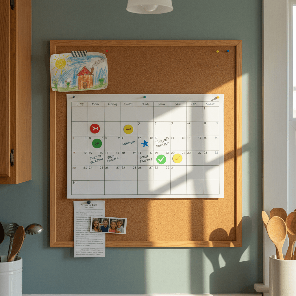 A family calendar on a kitchen corkboard with handwritten entries and a child's drawing taped to the corner