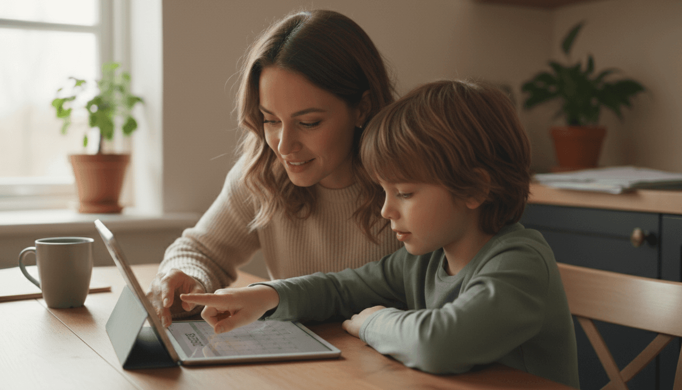 Parent and child looking at a calendar together at home