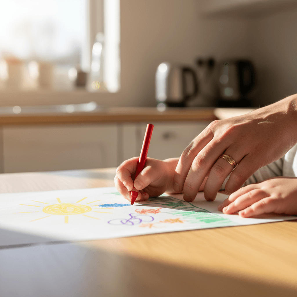 A child's hand drawing with a crayon on paper while an adult's hand guides gently