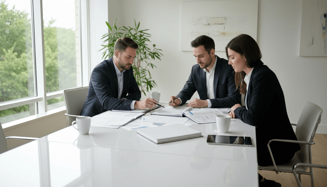 Two professionals reviewing financial documents together at a bright modern desk