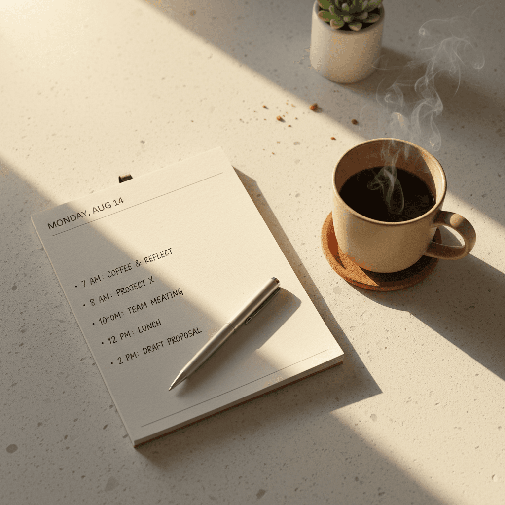 Calendar and coffee mug on kitchen counter