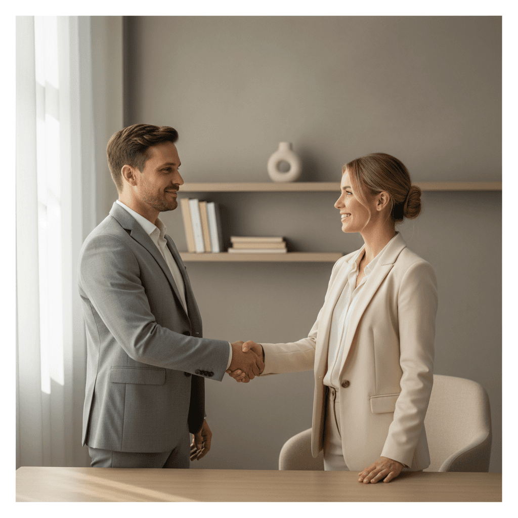 Two parents shaking hands after reaching a decision in a calm office