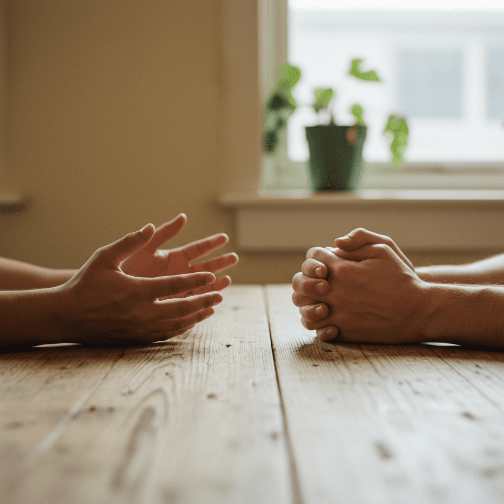 Two pairs of hands on opposite sides of a wooden table, one relaxed and one slightly tense