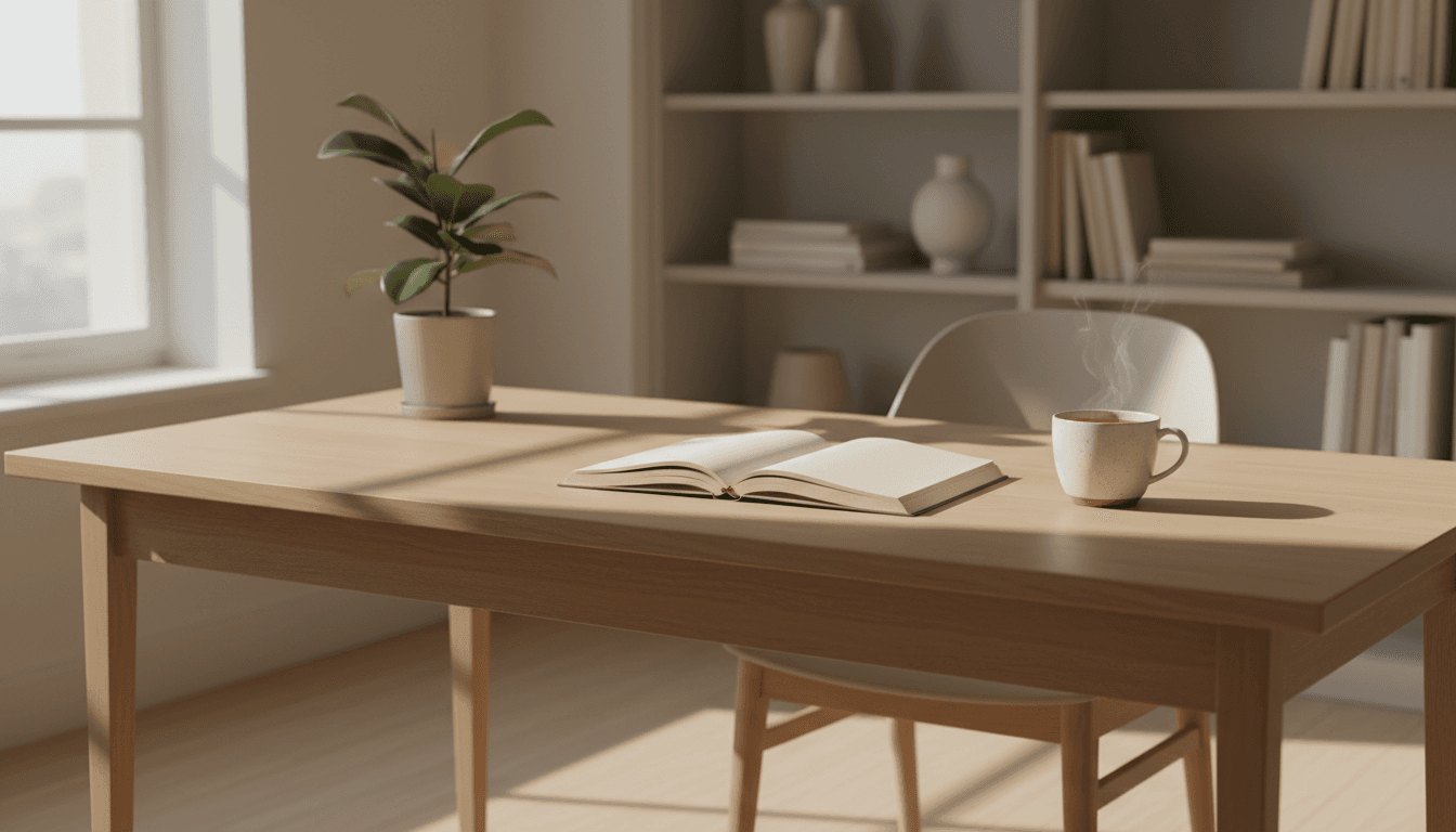 Calm home office desk with notebook and tea, soft natural light