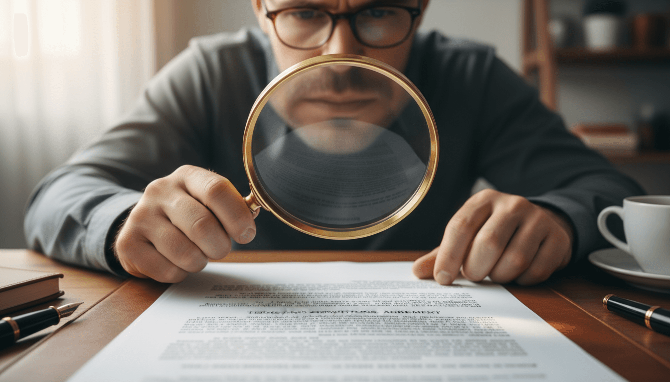 Person reading a legal document with a magnifying glass