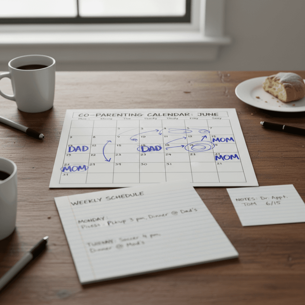 Handwritten parenting schedule on a calendar