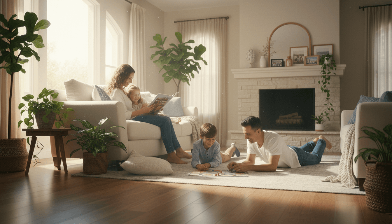 Calm family scene with parents and children relaxing together in a bright living room
