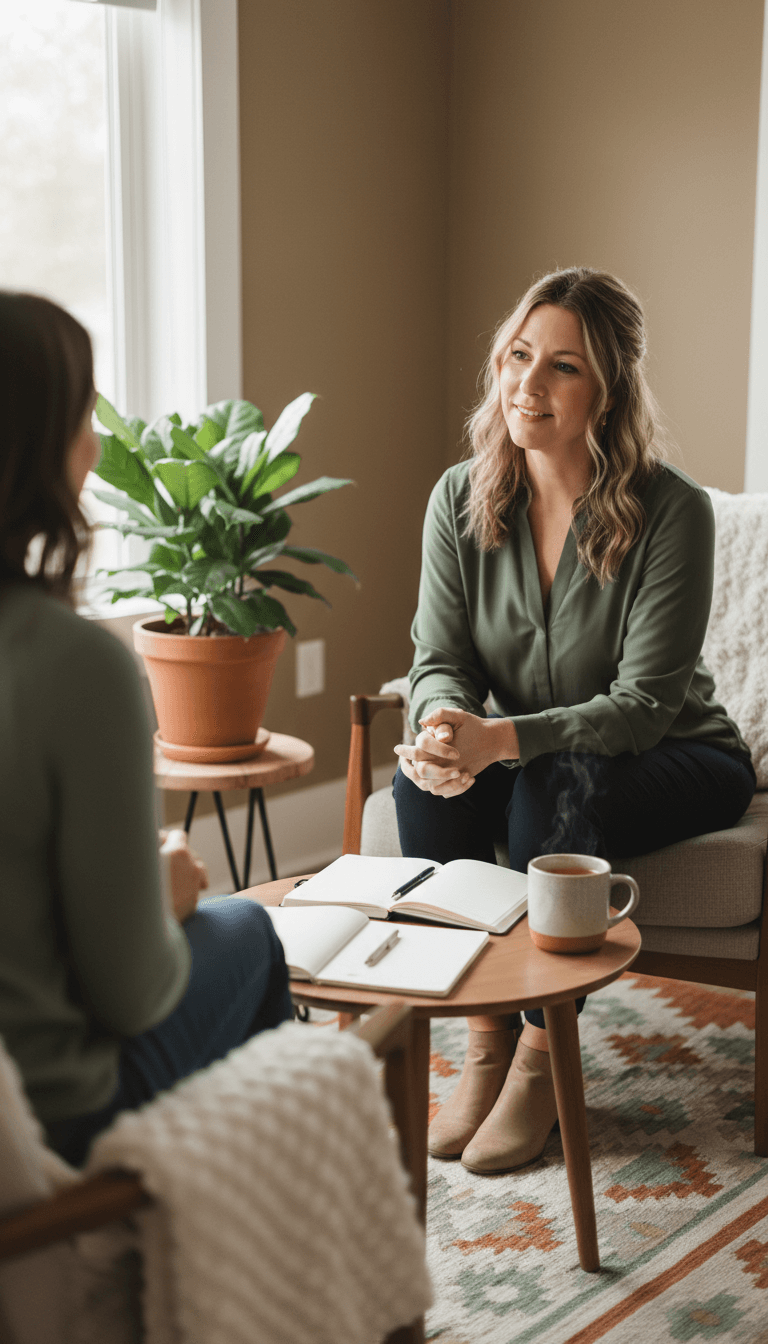 Two people having a thoughtful conversation in a bright, calm office