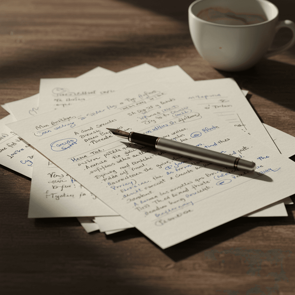 Stack of papers with short handwritten notes on a desk