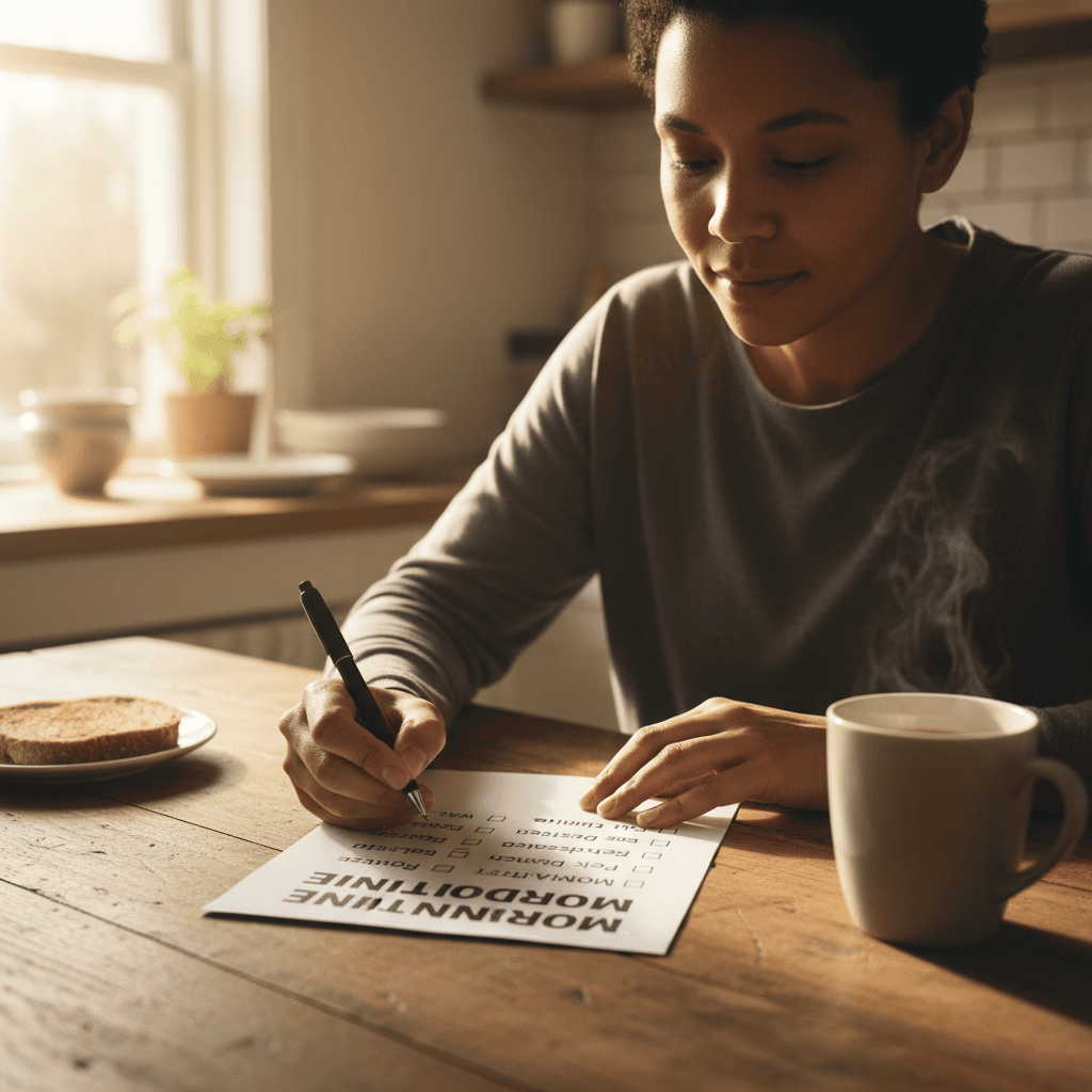 Parent completing a parenting coordination checklist worksheet at a kitchen table