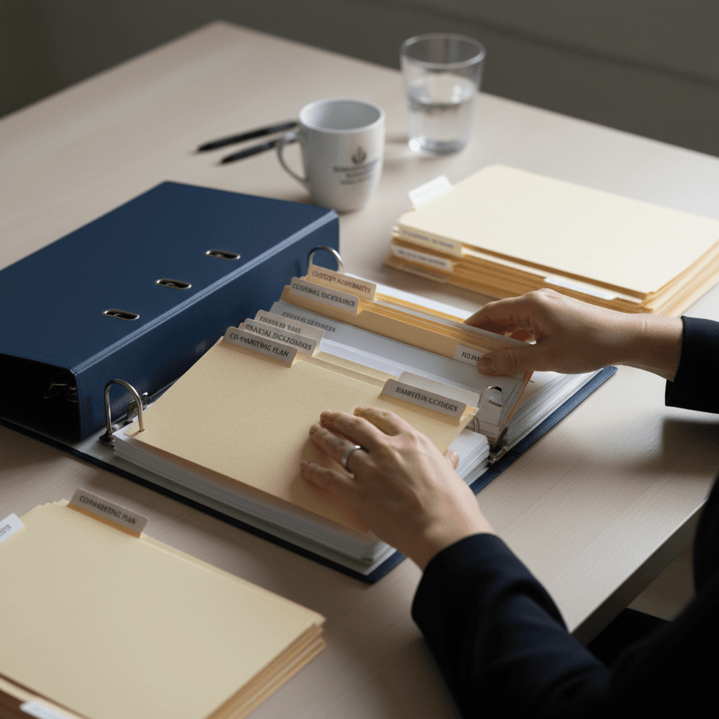 Family law professional organizing a binder of parenting coordination resources
