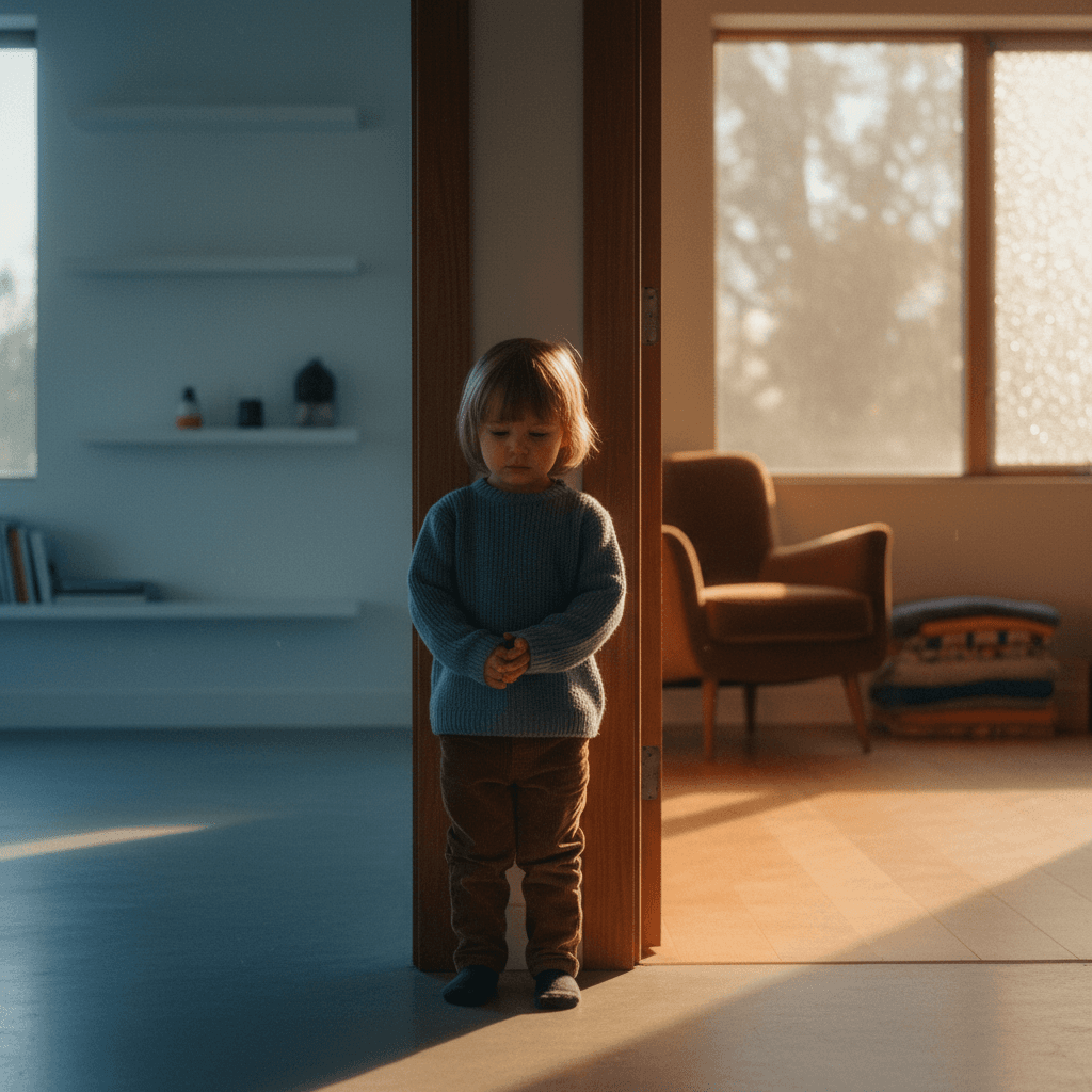 Child standing in a doorway between two rooms