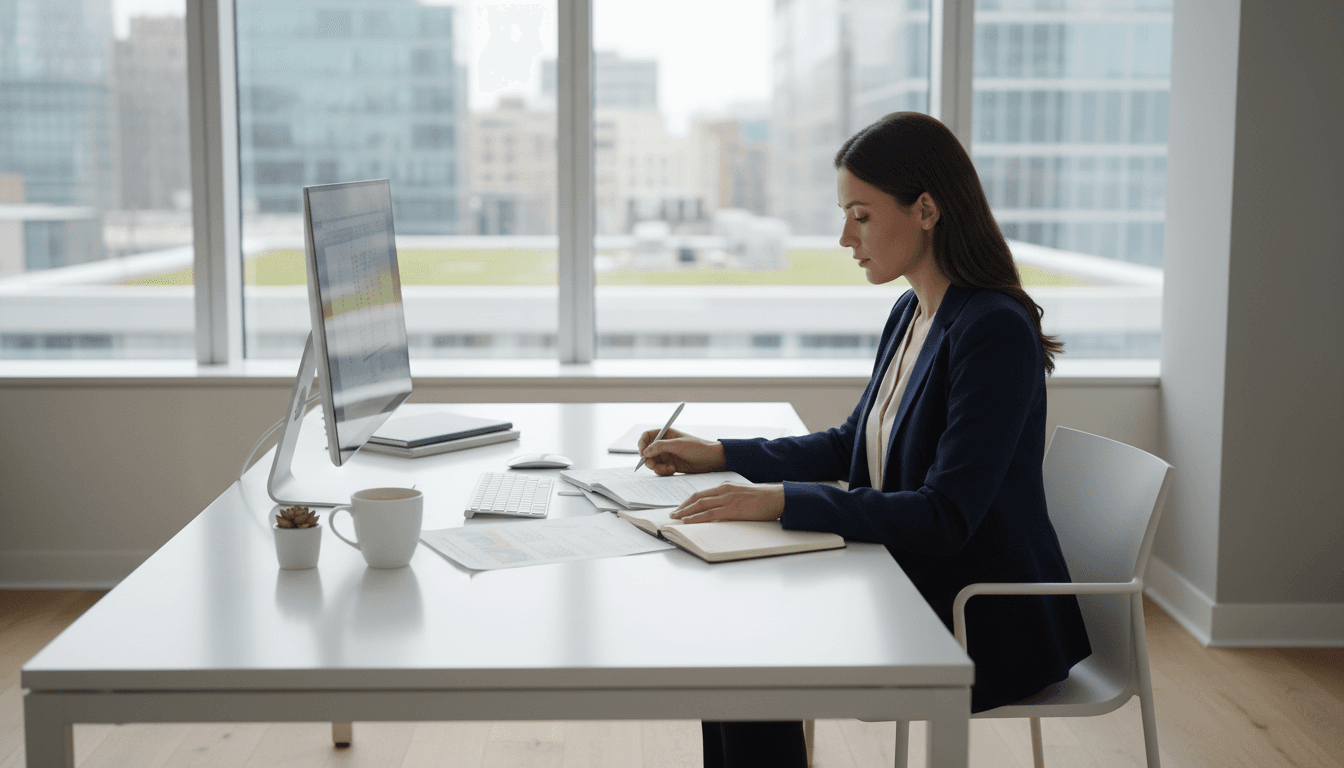 Professional reviewing paperwork at a bright desk