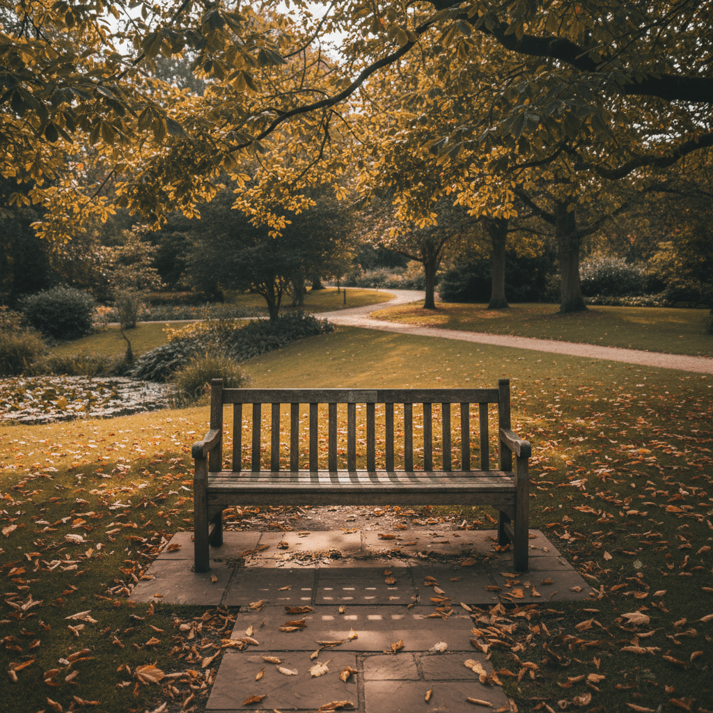 Empty park bench in dappled sunlight