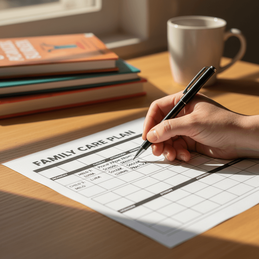 Hand marking a parenting schedule on paper
