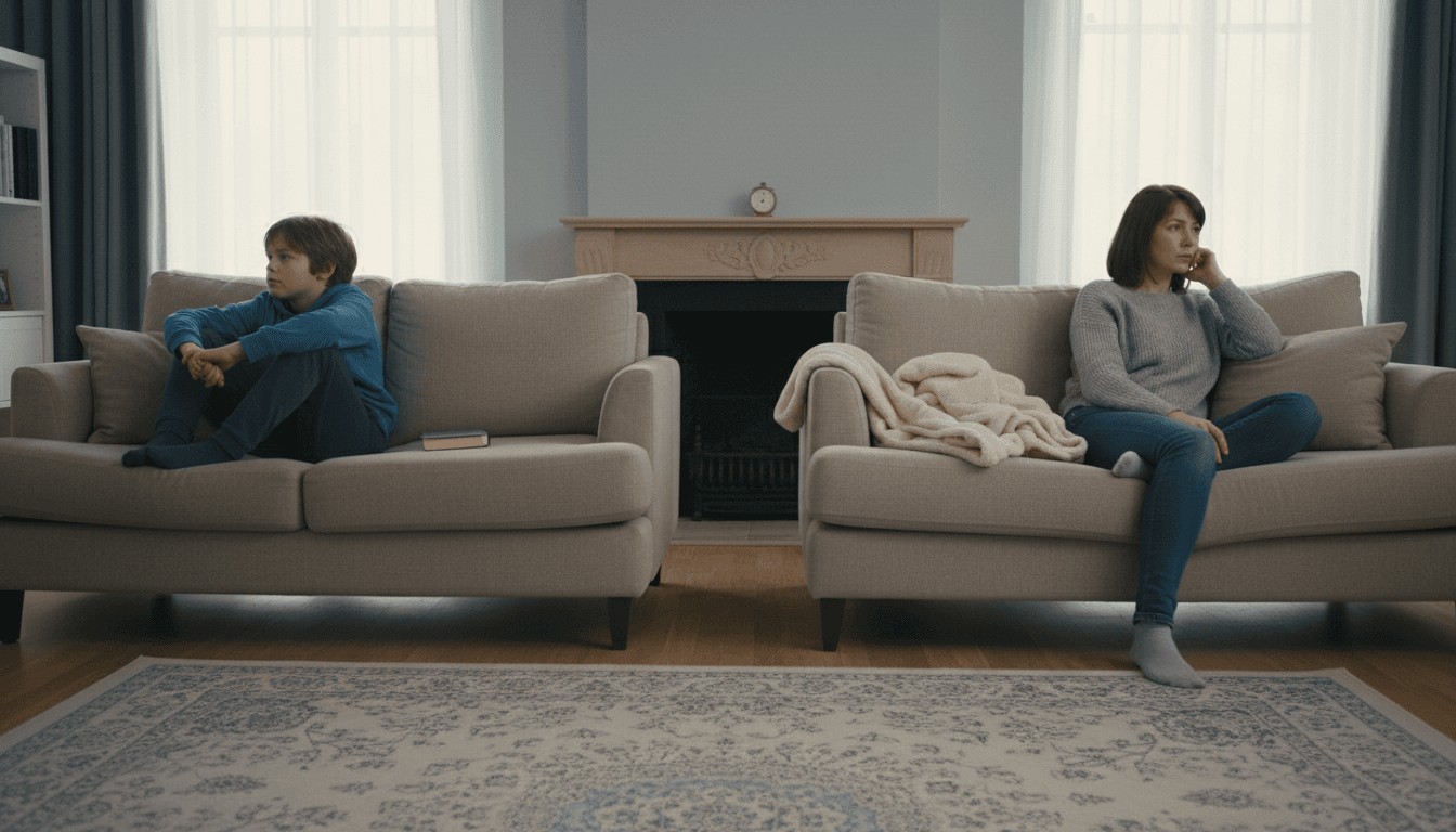 A child sitting on a couch looking away from a parent, creating a sense of distance and quiet tension in a living room setting