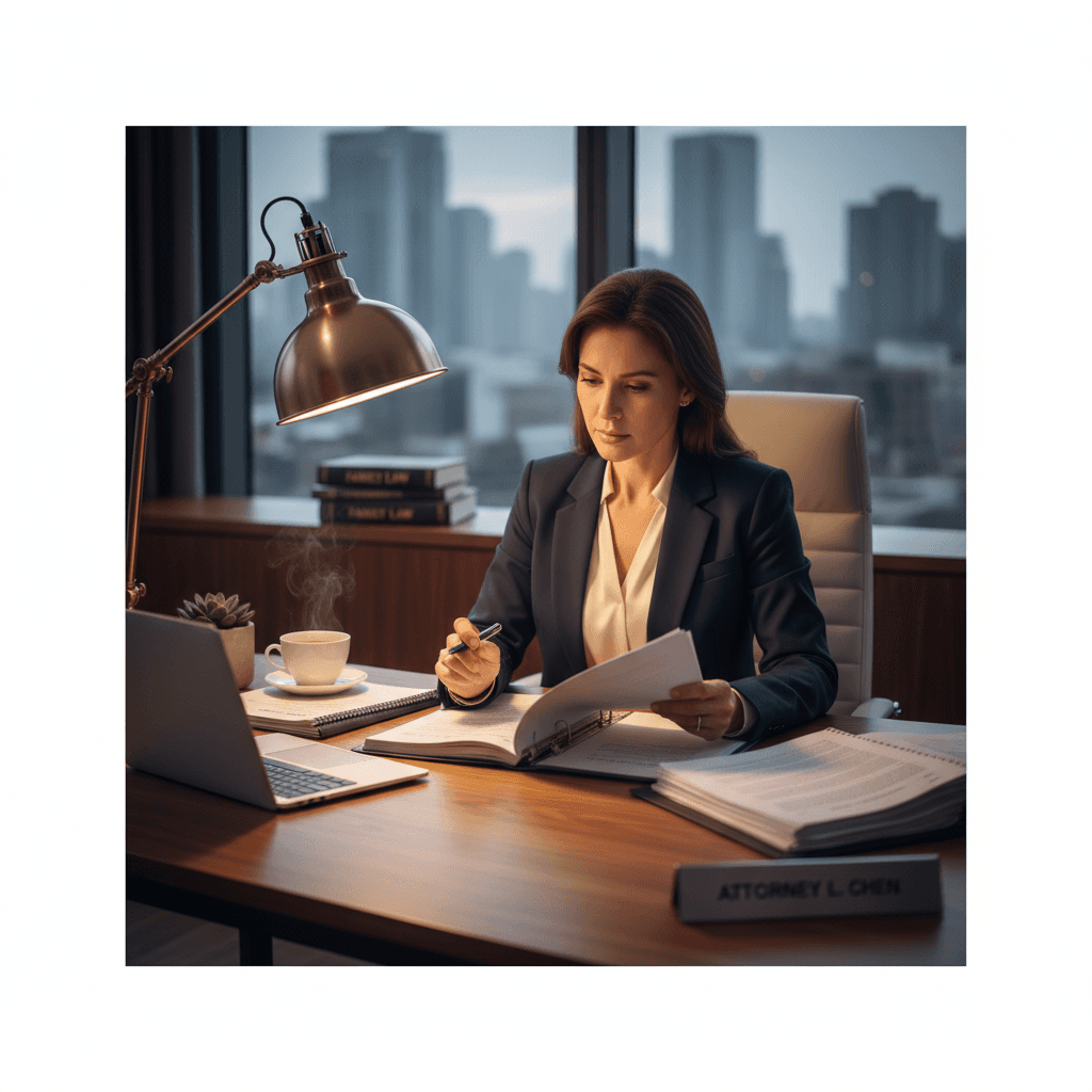 Family lawyer reviewing legal documents at a desk
