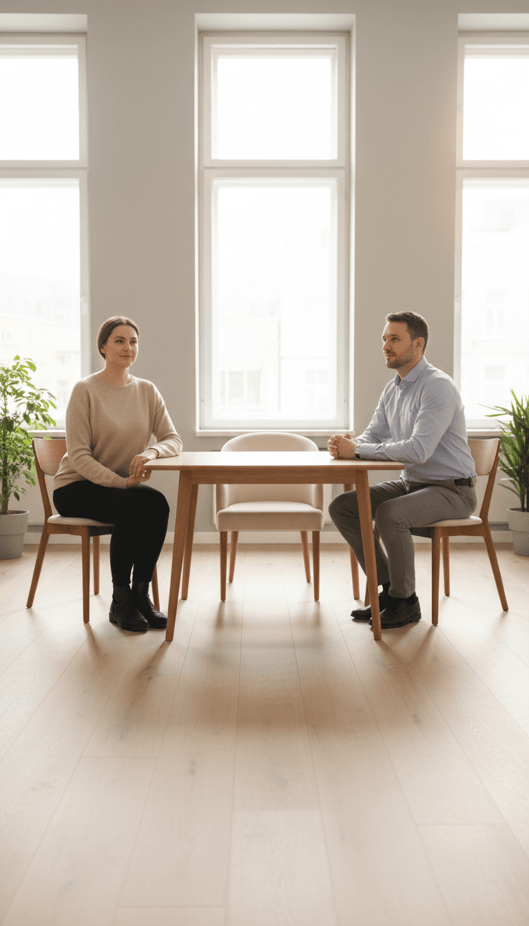 Two parents sitting apart in a mediation room with an empty chair between them