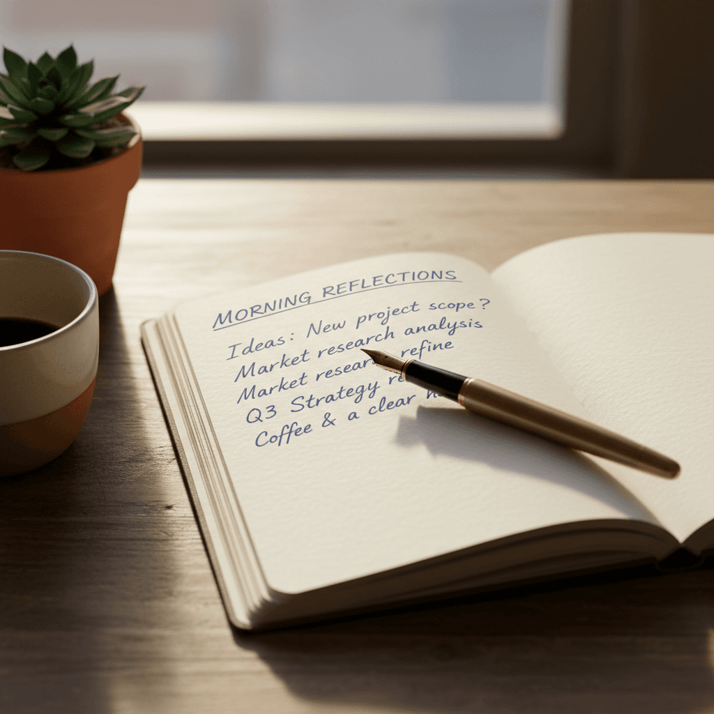 Open notebook with handwritten notes and a pen on a wooden table