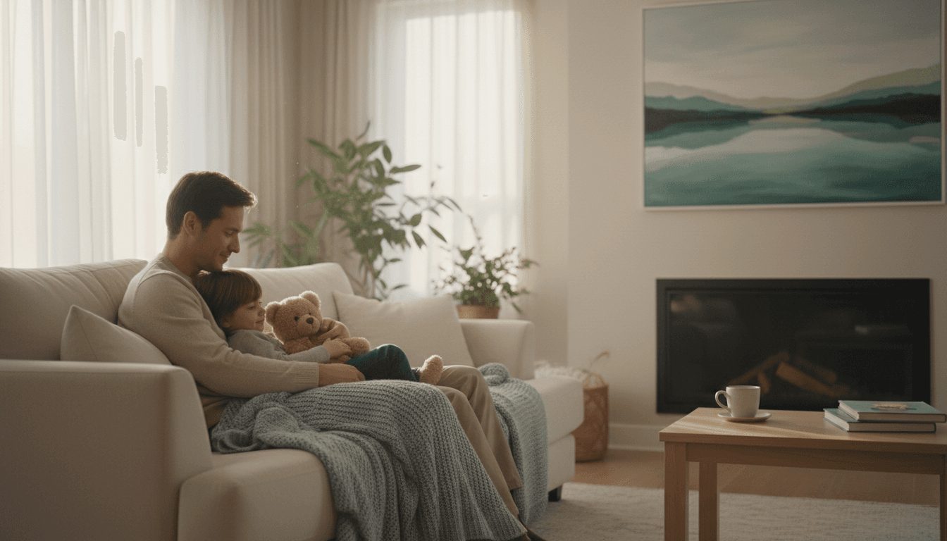 parent sitting with child in calm living room with soft natural light