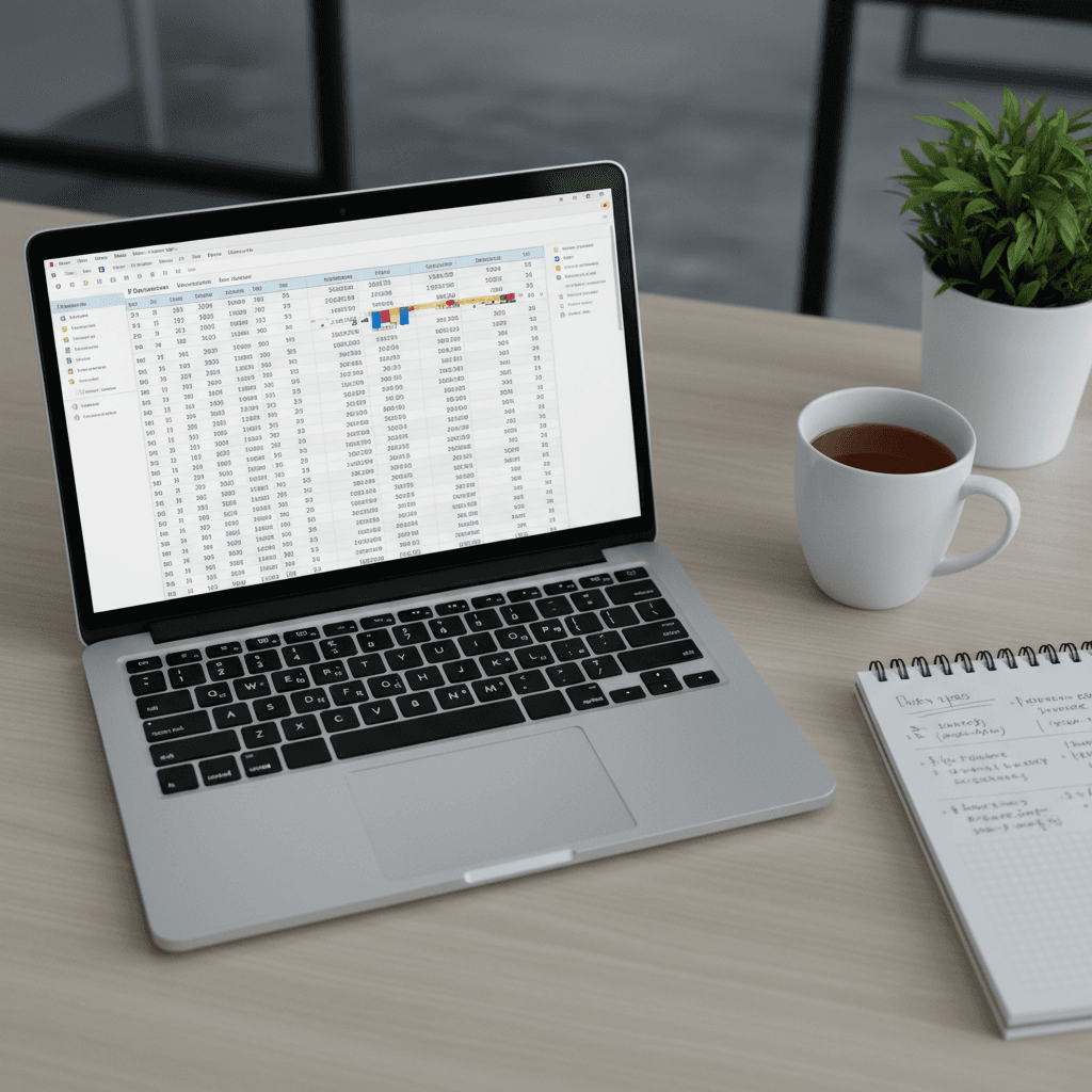 A laptop open to a spreadsheet with a notepad and a cup of tea on a desk
