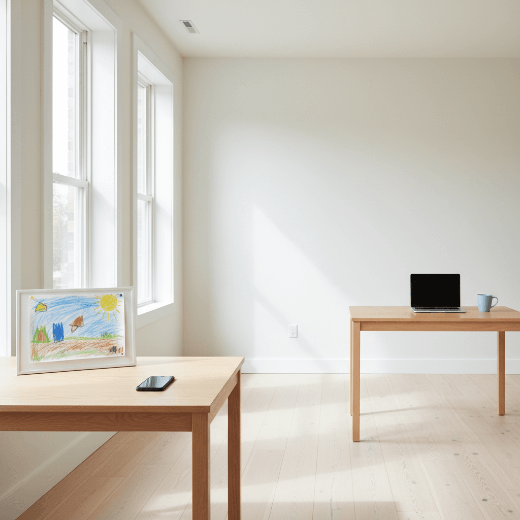 Two separate desks with personal items in a bright room