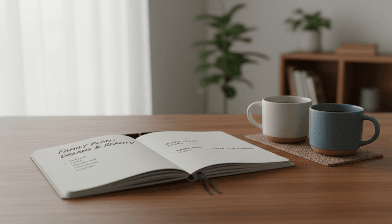 Two coffee mugs and an open notebook on a wooden desk in soft natural light