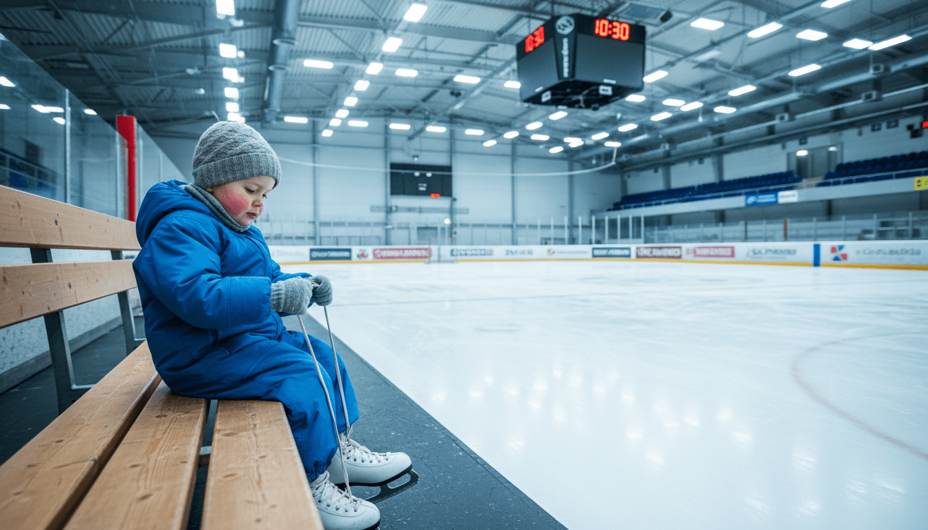 Child tying ice skates in a bright indoor hockey rink