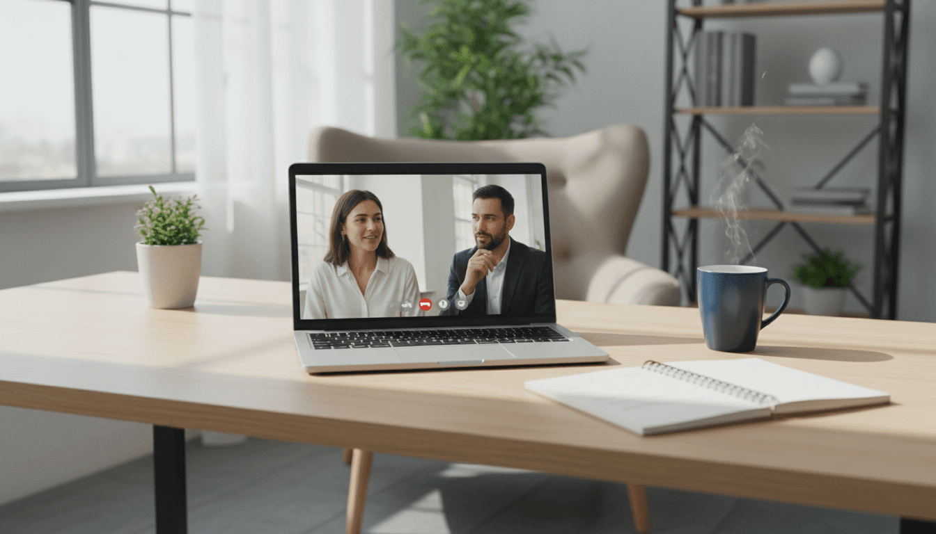 Laptop displaying a video call about parenting coordination next to a notepad and coffee on a wooden desk