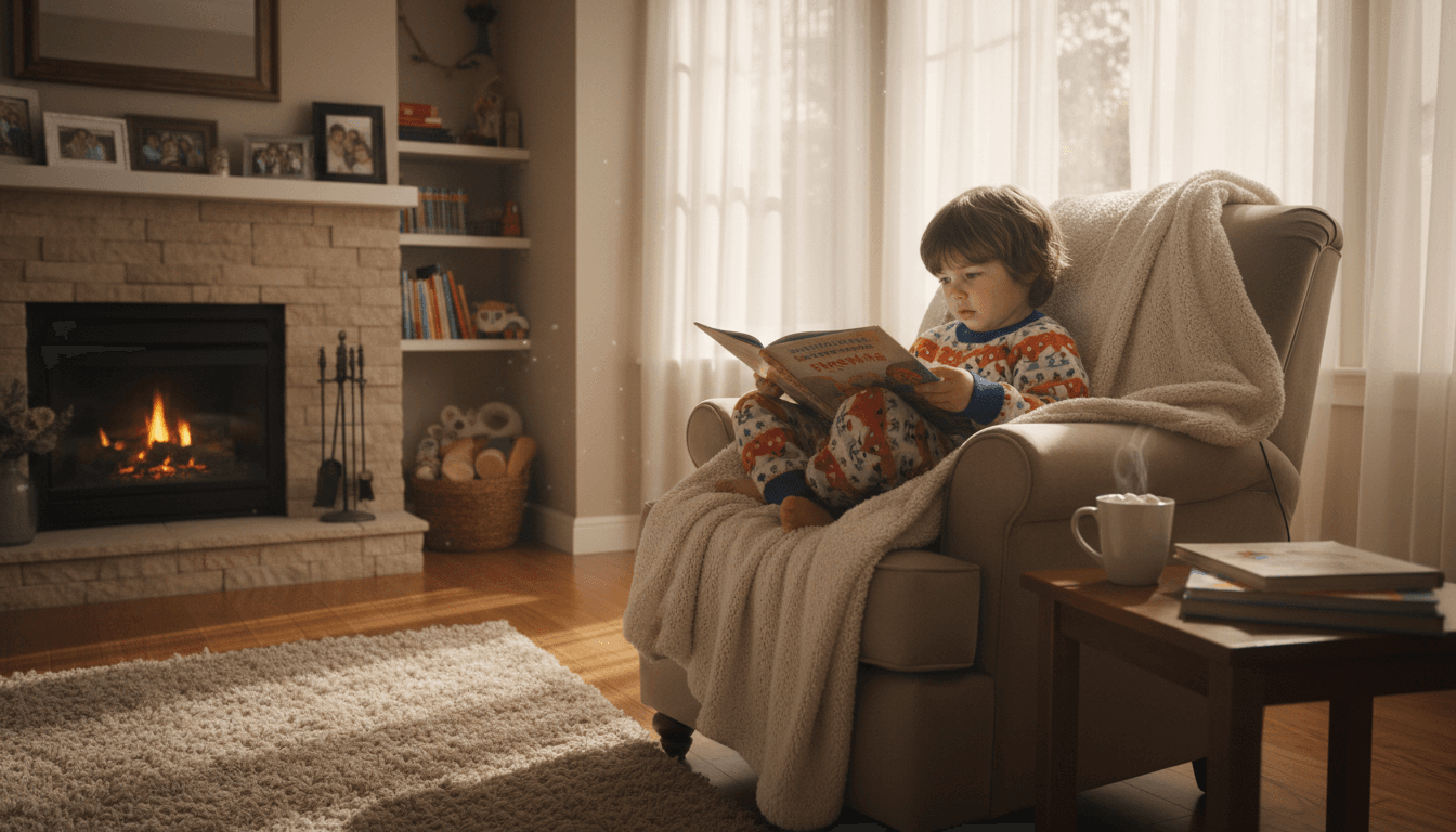 Child reading a book in a cozy living room with natural light
