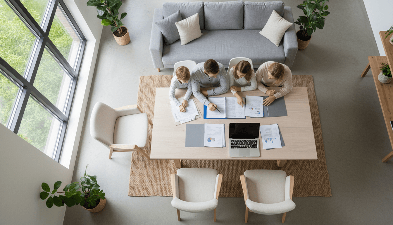 Family reviewing documents together at a table
