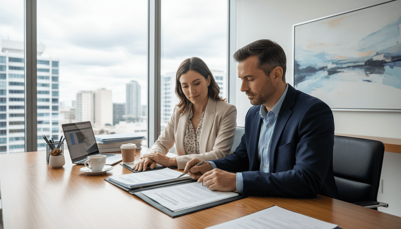 Family lawyer reviewing legal documents with client