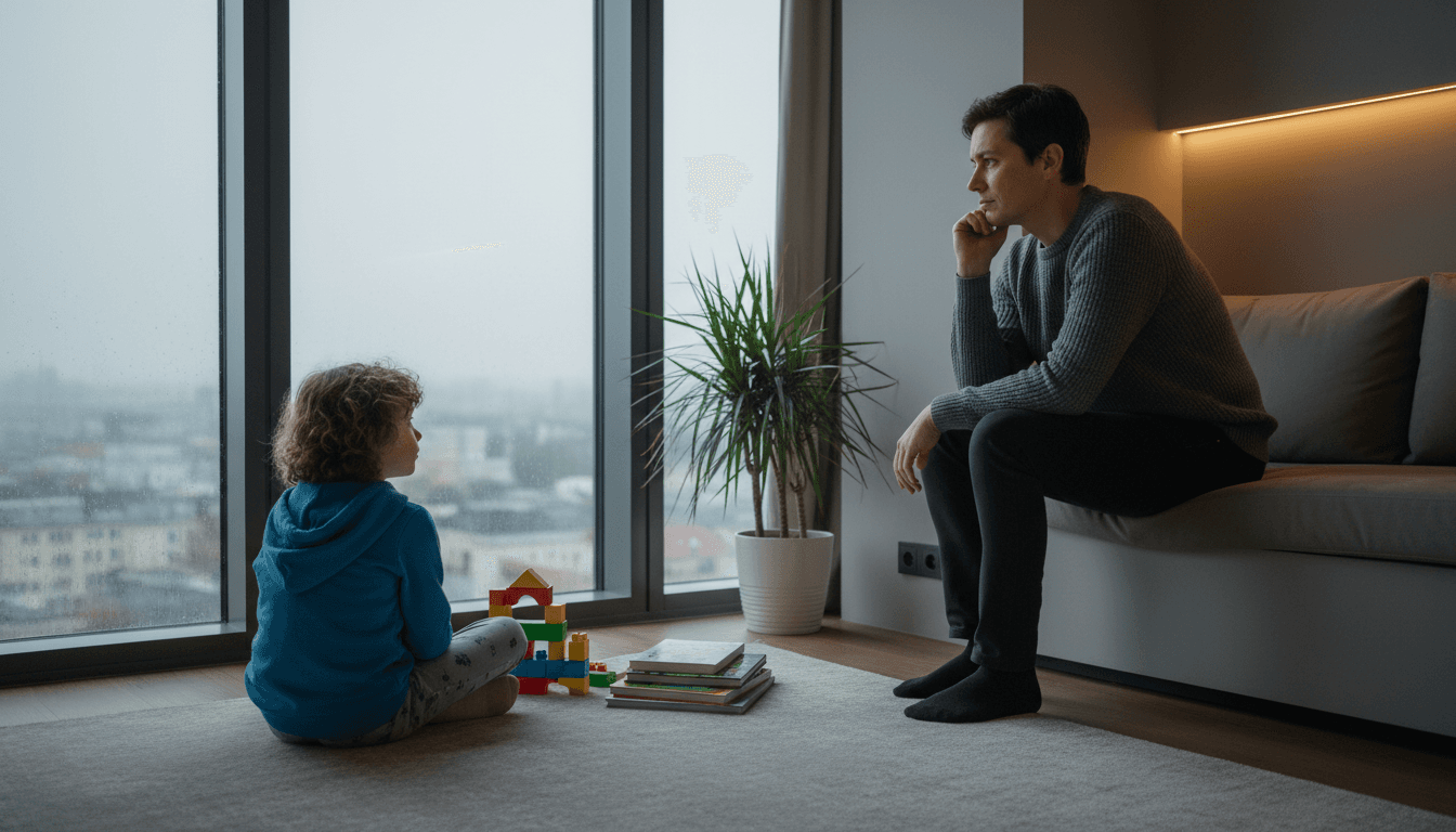 Parent sitting apart from child looking out window in thoughtful mood