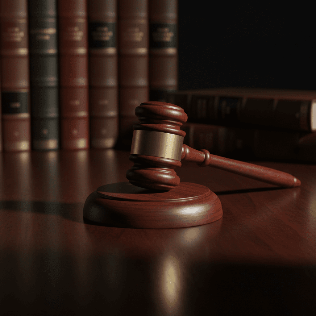 A judge's gavel resting on a wooden sound block with legal books in the background