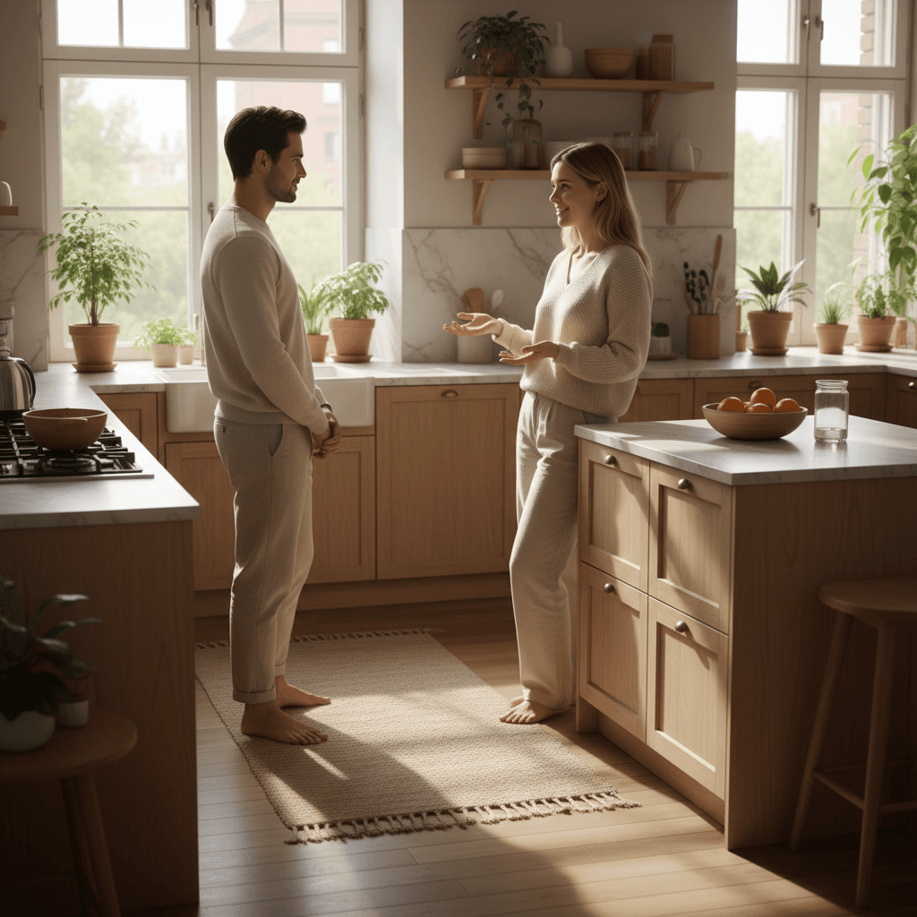 Two people communicating calmly in kitchen