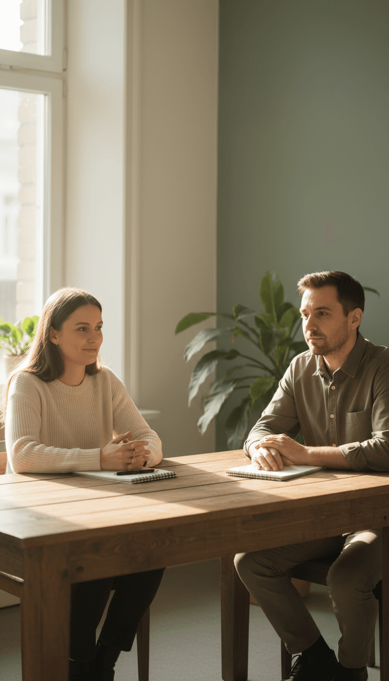Two parents discussing agreements at a table in a consultation room