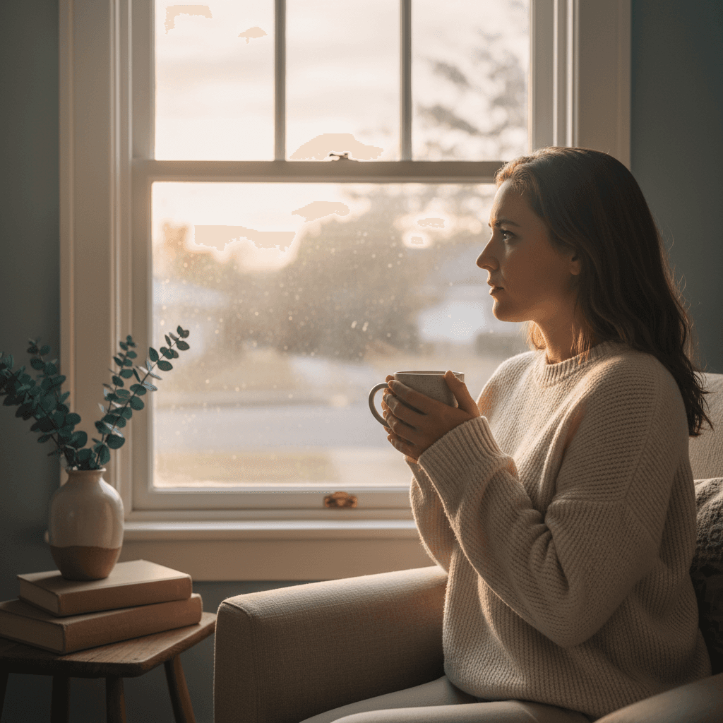 Person looking out window in quiet reflection