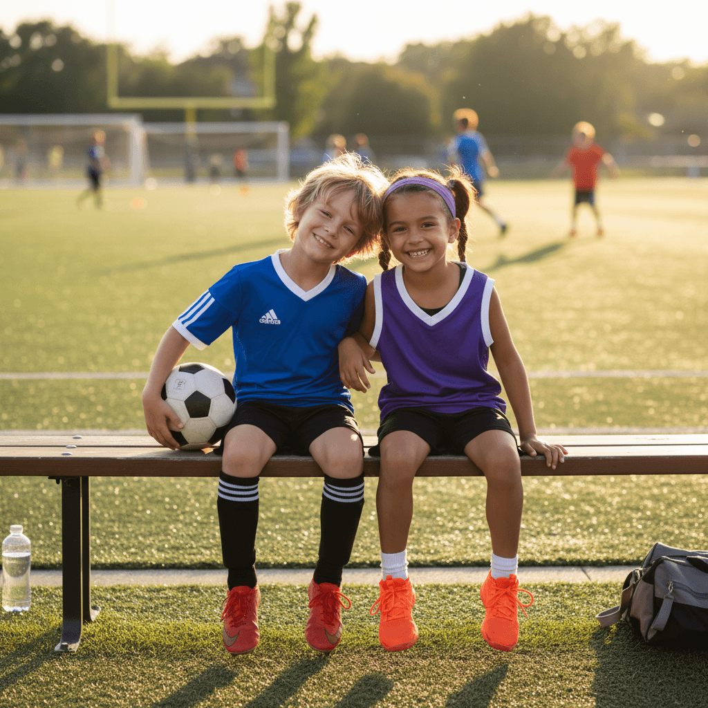 Two children in soccer and dance gear sitting side by side on a wooden bench