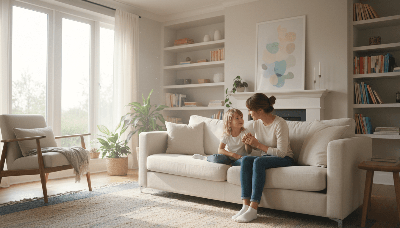 Parent and child sitting together having a calm conversation in a bright living room