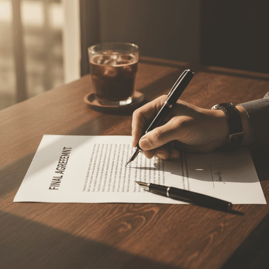 Hand signing a legal document with a fountain pen on a wooden desk