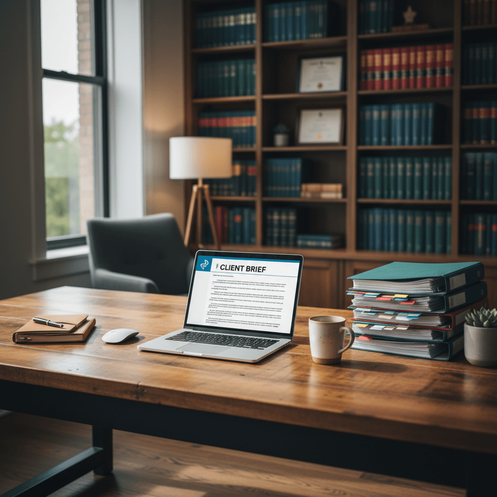 Legal workspace with files and laptop
