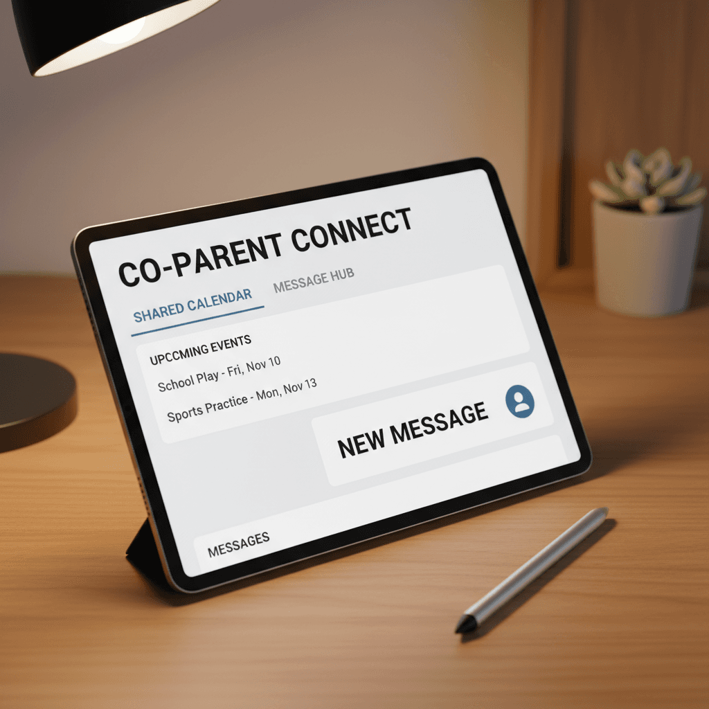 Digital communication template for co-parents on a tablet screen