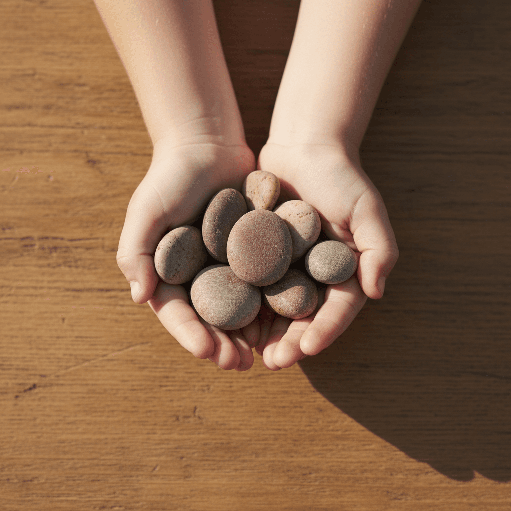 Child's cupped hands holding small stones