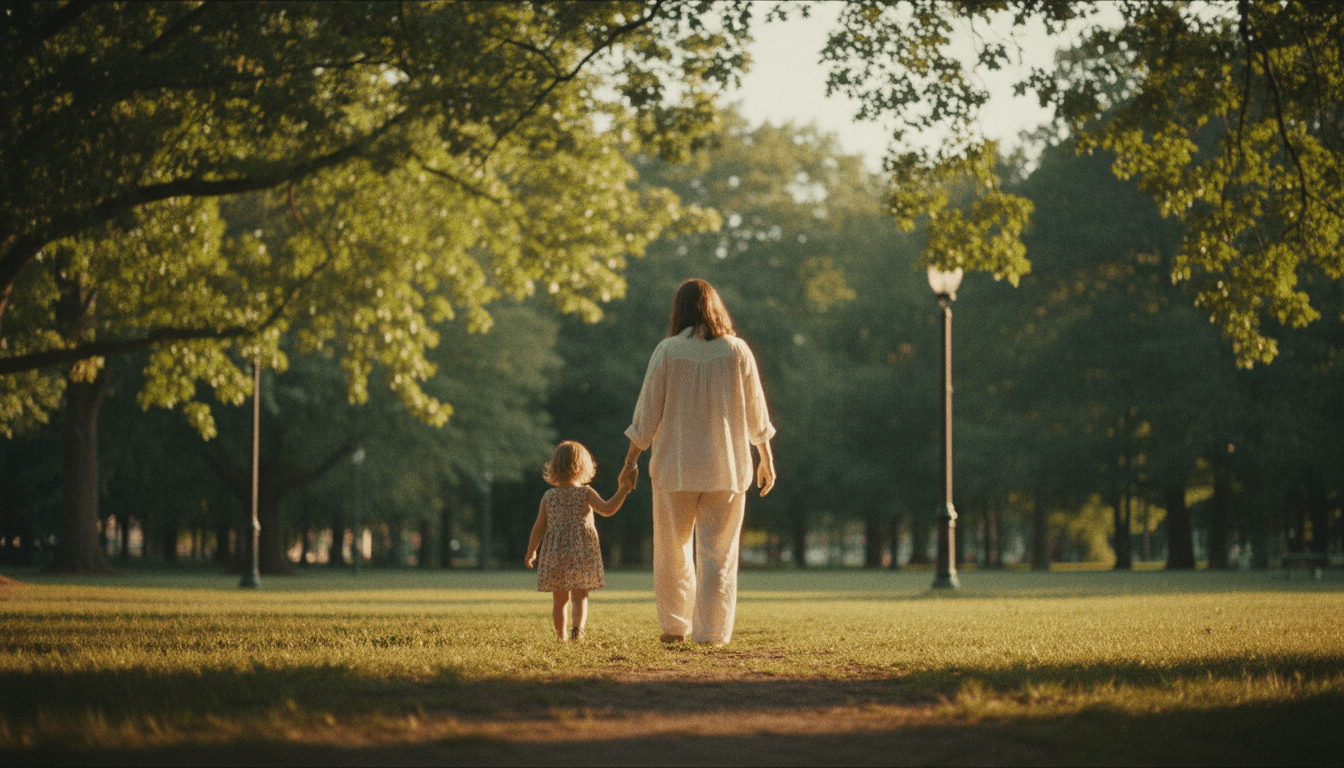 Parent and child walking together in a park