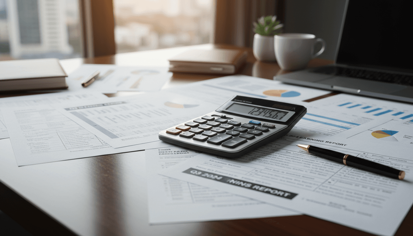 Calculator and financial papers on a desk in a professional office